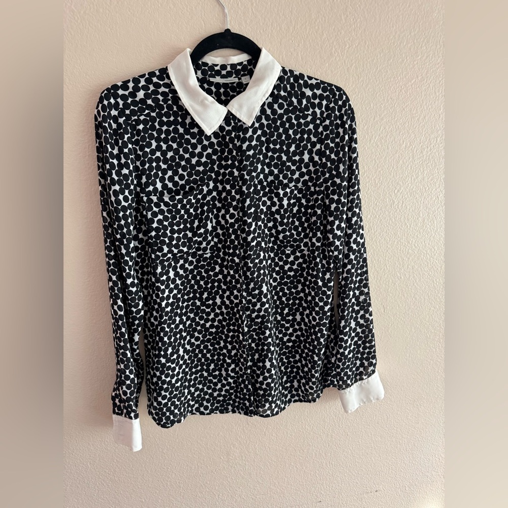 Halogen Sheer Button Down White shirt black Polkadot - Small